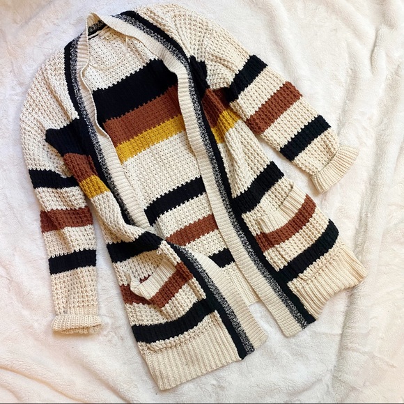 Hem & Thread Sweaters - Hem and Thread Cream Striped cardigan pockets cozy medium autumn layering boho